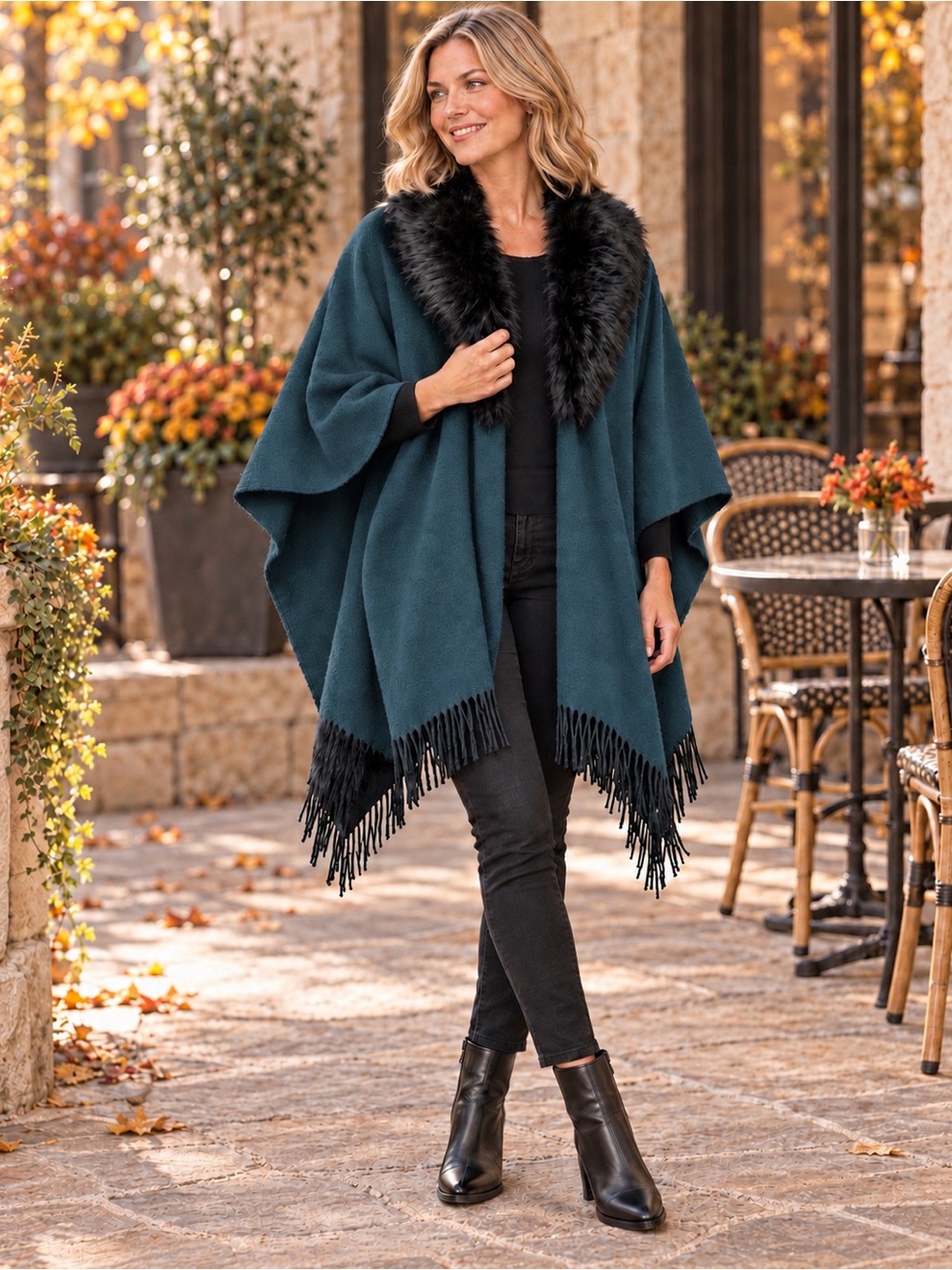 Talbots Faux Fur Collar Ruana